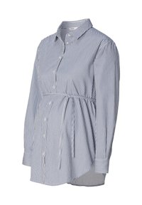 Blau-weißer gestreifter Umstandsblusen mit langen Ärmeln, Knopfleiste, Kragen, gerafftem Taillenbereich und abgerundetem Saum. Aus weichem Baumwollmaterial.