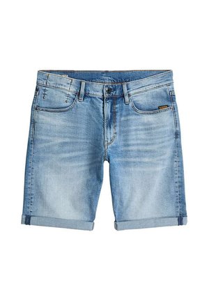 Light blue denim shorts with rolled hems, front and back pockets, button closure, and subtle faded detailing.