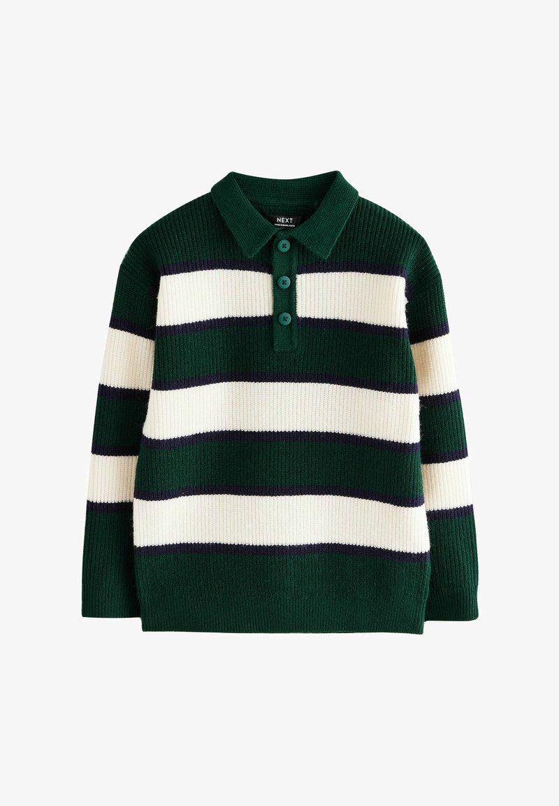 Pull polo à manches longues en maille vert foncé avec de larges rayures horizontales blanches et fines noires, et trois boutons verts sur la patte de boutonnage avant.