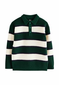 Pull rayé vert et crème avec des accents marine. Texture côtelée, col rabattu et patte de boutonnage à trois boutons. Manches longues.