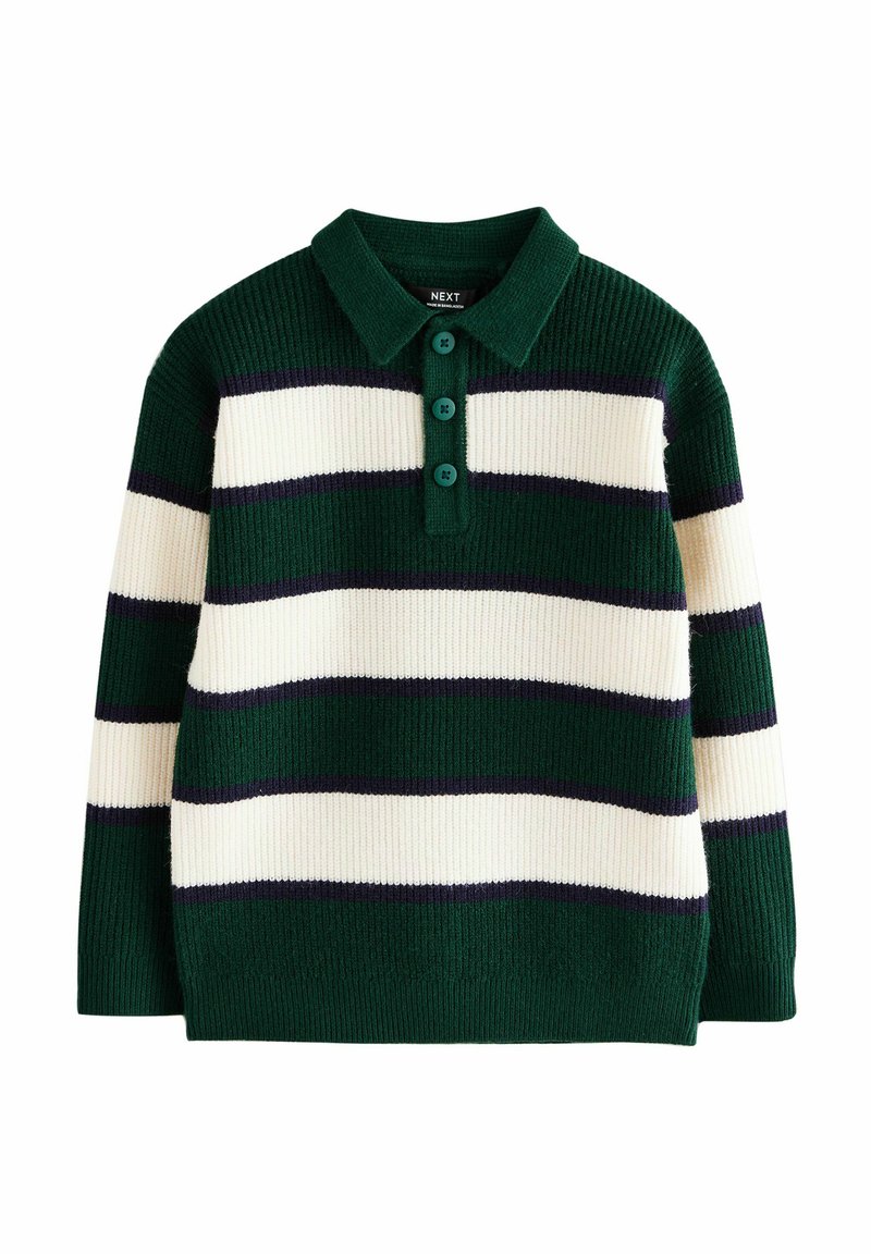 Pull rayé vert et crème avec des accents marine. Texture côtelée, col rabattu et patte de boutonnage à trois boutons. Manches longues.