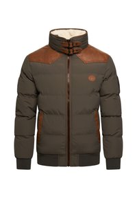 Khaki Pufferjacke mit braunen Lederakzenten, hohem Kragen, Reißverschluss, gerippten Bündchen und Seitentaschen. Gefüttert mit einem weichen, leichten Stoff.