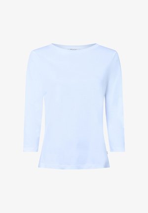 Weißes Langarm-T-Shirt aus Baumwolle, mit Rundhalsausschnitt und einer einfachen, glatten Textur ohne Muster oder Verzierungen.