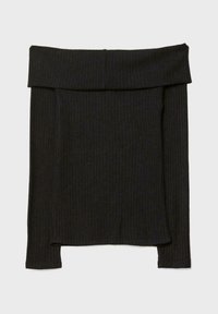 Pull noir en maille côtelée épaules dénudées avec manches longues et large col plié, posé à plat sur un fond clair.