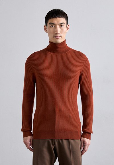 Rust orange ribbed turtleneck sweater made from a stretchy knit fabric, featuring long sleeves and a fitted silhouette.