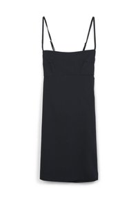 Abito nero senza maniche con spalline sottili, corpetto attillato, leggermente a A, con due tasche e texture liscia. Senza motivi né decorazioni.