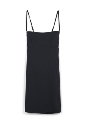 Schwarzes Slipkleid mit dünnen Trägern, tailliertem Oberteil, leicht ausgestellter A-Linie, ausgestattet mit zwei Taschen und glatter Textur. Keine Muster oder Verzierungen.