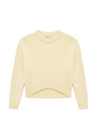 Maglione cropped giallo con collo rotondo, maniche lunghe e polsini a coste. Tessuto morbido con un design semplice e senza cuciture, privo di fantasie.