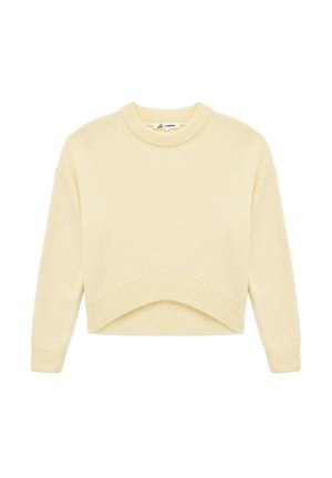 Maglione cropped giallo con collo rotondo, maniche lunghe e polsini a coste. Tessuto morbido con un design semplice e senza cuciture, privo di fantasie.