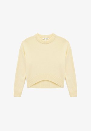 Gelbes, cropped Sweatshirt mit Rundhalsausschnitt, langen Ärmeln und gerippten Bündchen. Weicher Stoff mit einem einfachen, nahtlosen Design und ohne Muster.