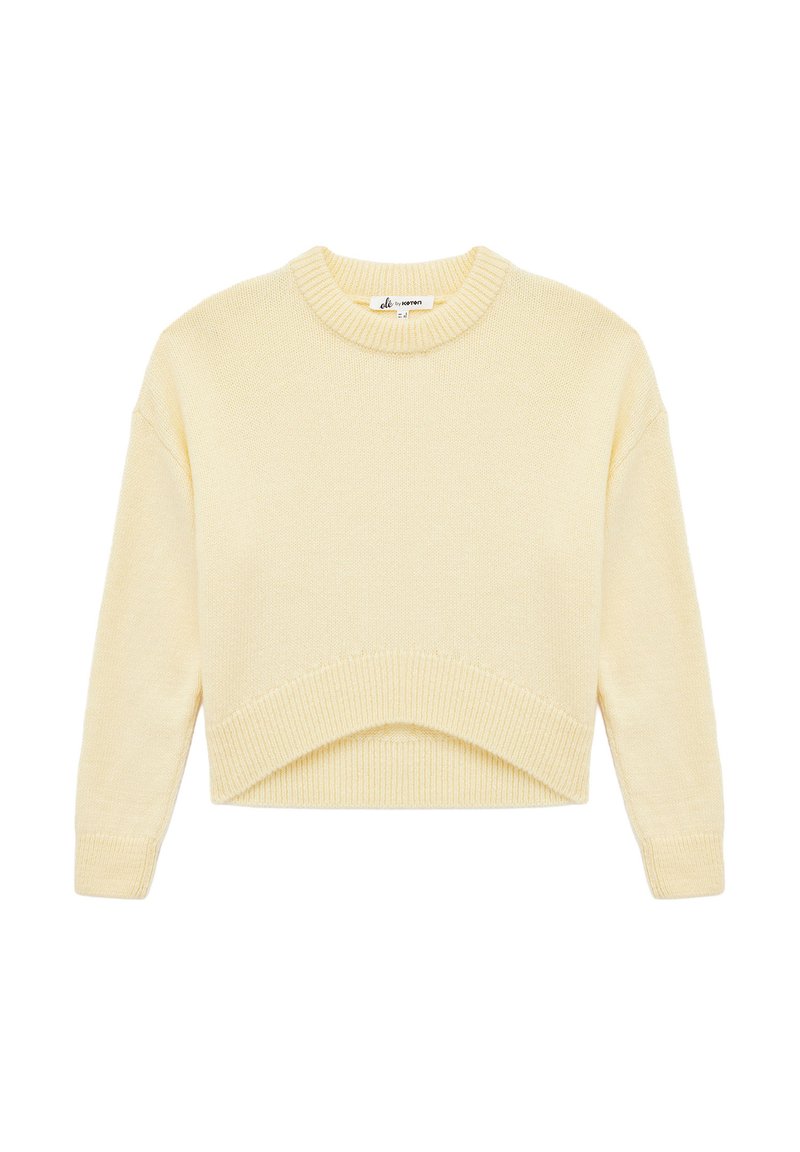 Maglione cropped giallo con collo rotondo, maniche lunghe e polsini a coste. Tessuto morbido con un design semplice e senza cuciture, privo di fantasie.