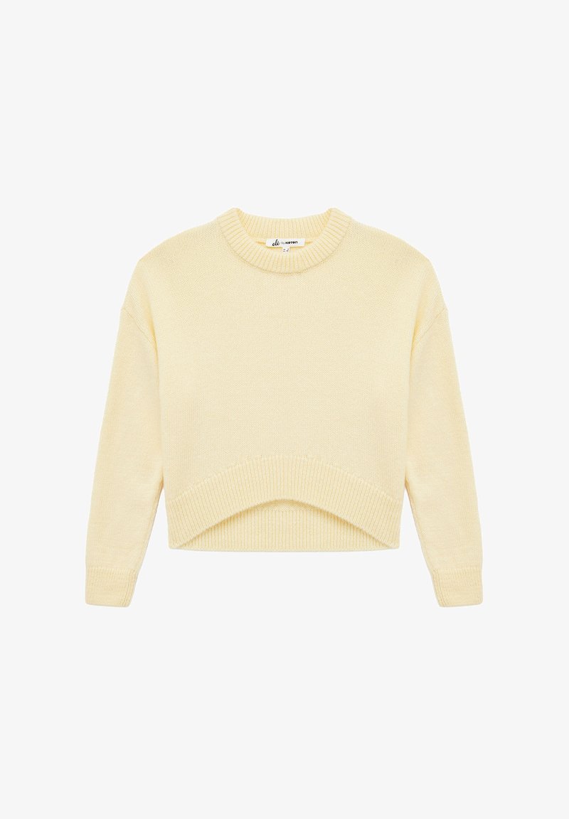 Maglione cropped giallo con collo rotondo, maniche lunghe e polsini a coste. Tessuto morbido con un design semplice e senza cuciture, privo di fantasie.