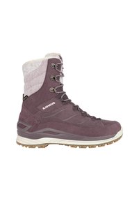 Lila Knöchelstiefel mit einem Obermaterial aus Synthetik, strukturiertem Kragen, Metallösen und einer robusten Gummisohle. Verfügt über ein weiches Innenfutter für Wärme.