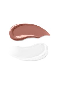 Due cream swatch: un beige lucido e caldo sopra e un bianco opaco e liscio sotto. Entrambi hanno forme curve e fluide con una texture visibile.