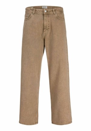 Jean en denim marron à jambes droites avec poches avant, passants de ceinture et fermeture par bouton à la taille.