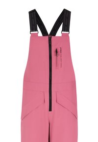 Roze waterdichte overall met verstelbare zwarte schouderbanden, een ritssluiting aan de voorkant en twee voorzakken, met een strakke, moderne uitstraling.