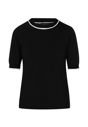 Fekete, rövid ujjú pulóver, kerek nyakkivágással, fehér csíkozott díszítéssel a gallér és az ujjak körül. Simaság jellemzi.