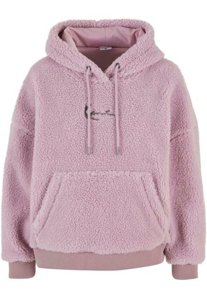 Rosa fleece hettegenser med teksturert ytre, frontlomme og justerbare snorer. Har ribbestrikkede mansjetter og skjorte. Inkluderer et enkelt grafisk motiv.