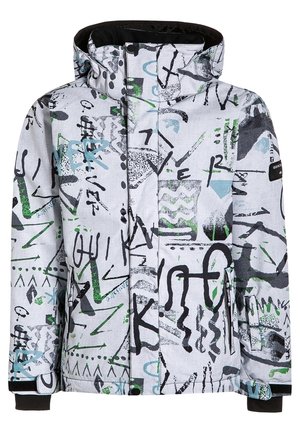 Jasnoszara kurtka z abstrakcyjnymi czarnymi, zielonymi i niebieskimi wzorami. Posiada zamek błyskawiczny, kaptur oraz elastyczne mankiety dla lepszego dopasowania.