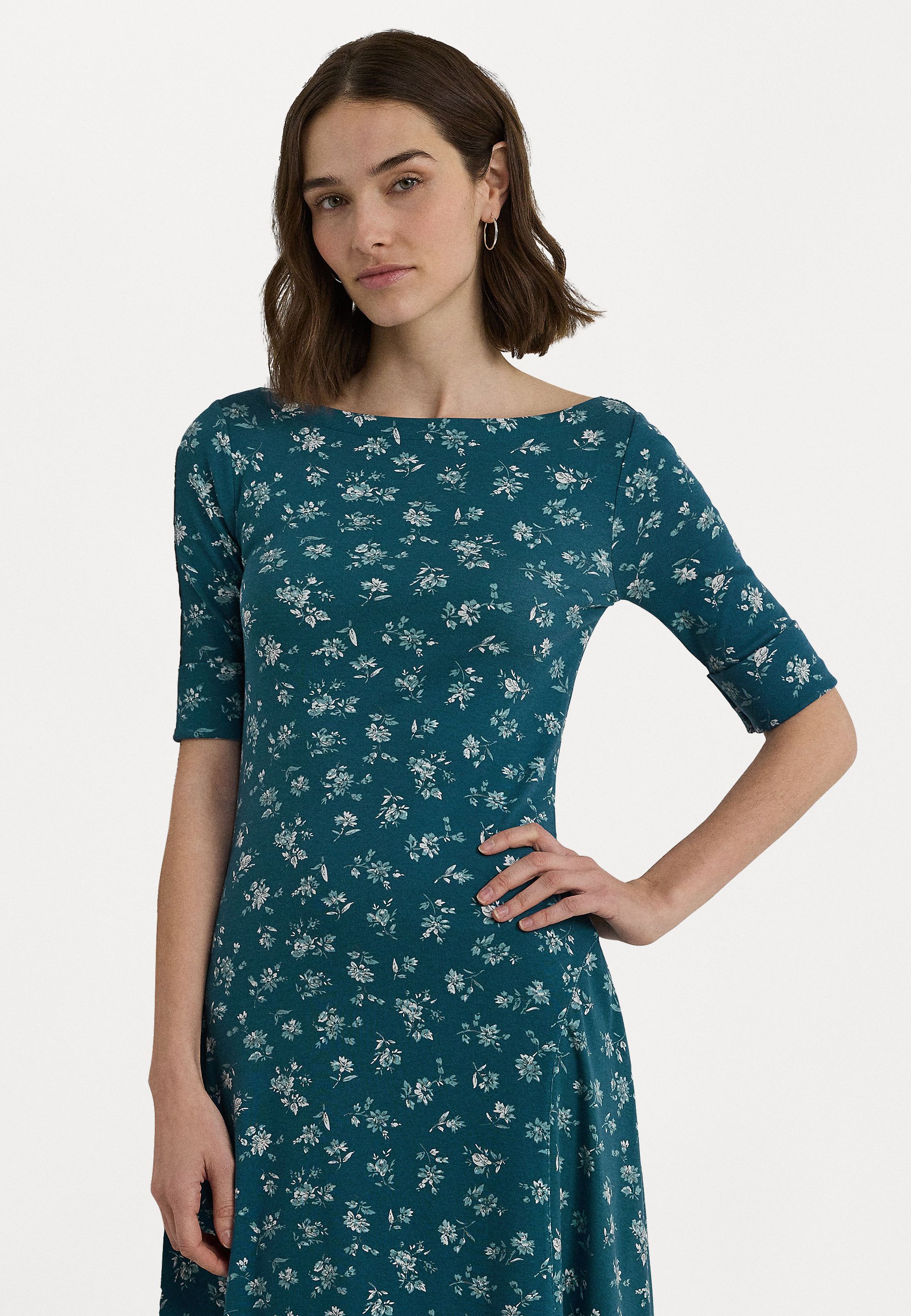 knee length dresses for ladies Lauren Ralph Lauren Floral Stretch Cotton Midi Dress In Navy Multi main image 0