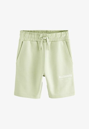 Lysgrønne bomuldsshorts med elastisk talje, snor, sidelommer og "ALLSAINTS" logo trykt i hvidt.