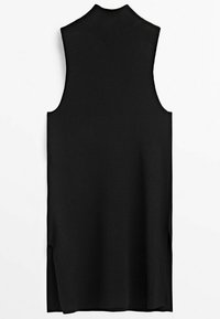 Black sleeveless turtleneck top with a loose fit, side slits, and a smooth texture, designed for a comfortable, minimalist look.