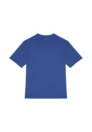 Plain blue short-sleeve crewneck T-shirt, laid flat on a white background.