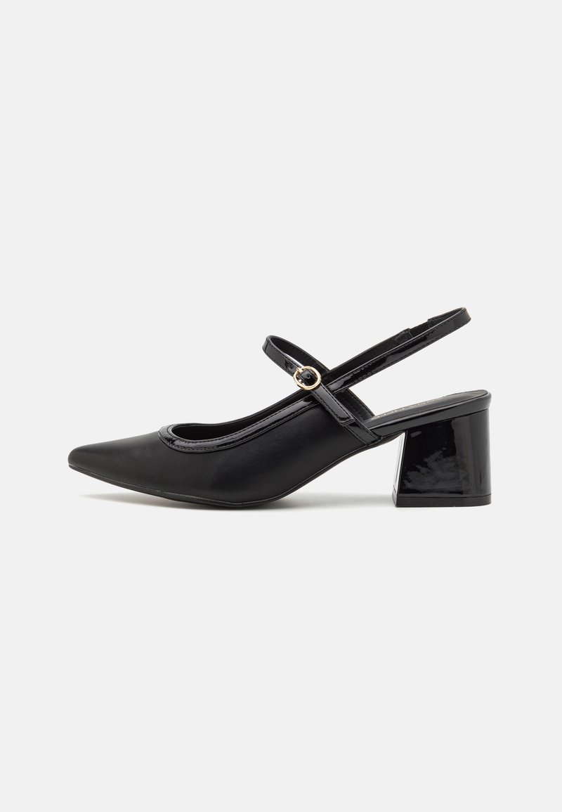 Black patent leather slingback heels with a pointed toe, a rounded cutout design, and a block heel. Features a gold-tone buckle accent.