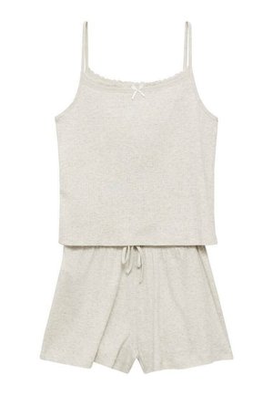 Set de dormit din bumbac gri, format dintr-un top cu bretele ajustabile și margine din dantelă, împreună cu pantaloni scurți cu talie elastică. Fără modele sau accente.