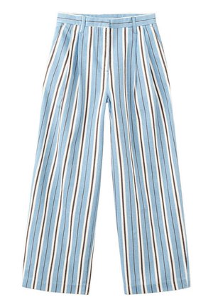 Pantalones azul claro con rayas verticales blancas, negras y beige, pierna ancha, trabillas para cinturón y pinzas delanteras.