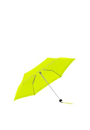 Compact fluorescent yellow umbrella with reflective chevron patterns and a silver handle with wrist strap.