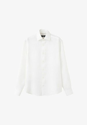 Camicia bianca a maniche lunghe con bottoni, collo e polsini, mostrata distesa su uno sfondo bianco.