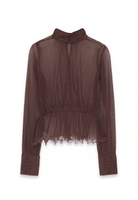 Top marrone trasparente a maniche lunghe con collo alto, texture plissettata, orlo con rouches e bottoni decorativi su maniche e schiena.