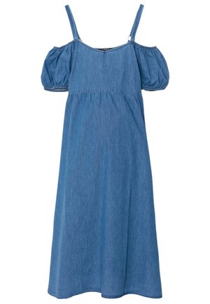 Blauwe denim cold shoulder jurk met spaghettibandjes en geplooide korte mouwen, knielengte en losse pasvorm.