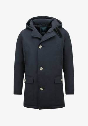 Marineblauwe parka met capuchon, voorzien van knoopsluiting, twee voorzakken en een gestructureerde stof. Heeft een label aan de binnenkant van de kraag.