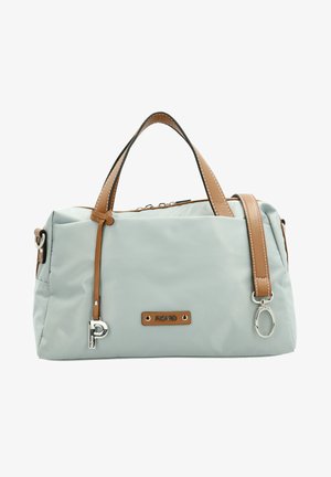 Borsa in nylon grigio chiaro con dettagli in pelle marrone, doppio manico superiore, tracolla rimovibile, hardware in argento e placchetta con logo sulla parte anteriore.