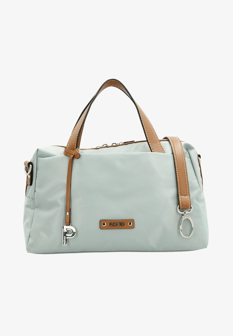 Lichtgrijze nylon tas met bruine leren accenten, dubbele bovenhandvatten, afneembare schouderband, zilveren hardware en logo-opdruk aan de voorkant.