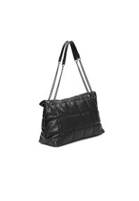Borsa a tracolla in pelle trapuntata nera, dalla forma rettangolare, con doppie maniglie, dettagli in catena e una superficie liscia. Presenta una leggera lucentezza.
