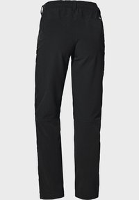 Schwarze Hose mit elastischem Bund, glatter Textur und geradem Bein. Merkmale sind verstärkte Nähte und keine sichtbaren Taschen.