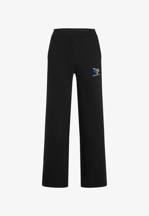 Black sweatpants made of soft fabric, featuring an elastic waistband, straight-leg design, and a blue and gold logo on the left side.