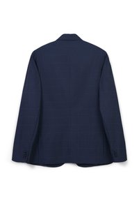Marineblaue Blazer mit Karomuster, einzelnem Schlitz hinten und Knopfdetails an den Ärmeln. Glatte Stofftextur.