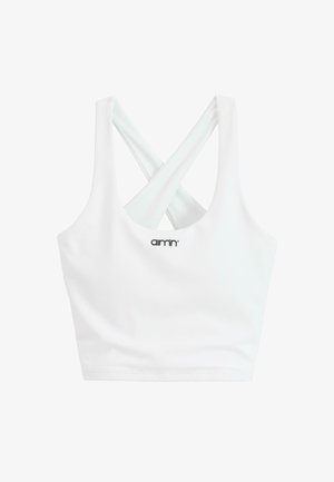 Hvid sports-bh med kvadratisk halsudskæring og krydset rygdesign. Fremstillet af glat, strækbart materiale med et lille sort logo foran.