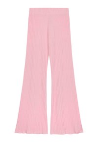 Pantalons flairs roses côtelés avec une taille élastique, présentant une texture douce et une silhouette fluide, s'élargissant du genou à l'ourlet.