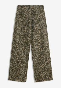 Eenzelfde panterprint wijde broek in aardetinten, gemaakt van gestructureerde stof met een hoge taille, voorzien van achterzakken en subtiele stiksels.