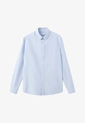 Hellblaues langärmeliges Hemd zum Knöpfen mit spitzem Kragen, aus glattem Stoff gefertigt; verfügt über einen geraden Saum und Knopfverschlüsse.