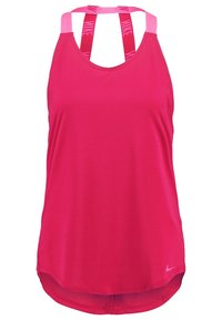Canotta atletica senza maniche di un brillante colore rosa con spalline in rosa chiaro e rosa scuro con logo Nike e piccolo swoosh Nike sull'orlo inferiore.