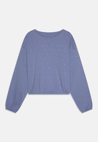 Maglia a maniche lunghe lavanda con scollatura rotonda, caratterizzata da dettagli a pois metallici sparsi e polsini arricciati. Tessuto morbido con una vestibilità comoda.