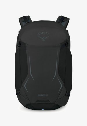 Zaino Black Osprey Hikelite 26 con spallacci imbottiti e dettagli riflettenti sul pannello frontale.