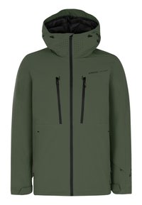 Groene waterdichte jas met capuchon, voorzien van zwarte ritsen, ventilatiegaten, twee borstzakken en verstelbare manchetten.