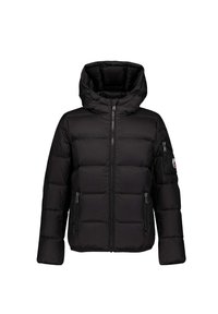 Black quilted puffer jacket with hood, front zipper, two zippered side pockets, and a zippered pocket with logo on left sleeve.